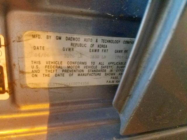 KL1TD666X6B674256 - 2006 CHEVROLET AVEO BASE ლურჯი ფოტო 10