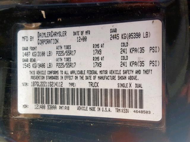 1B7GL22Z11S214112 - 2001 DODGE DAKOTA BLACK photo 10