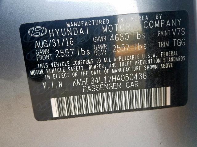 KMHE34L17HA050436 - 2017 HYUNDAI SONATA HYB SILVER photo 10