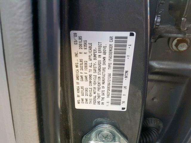 1HGCP26839A121244 - 2009 HONDA ACCORD EXL GRAY photo 10