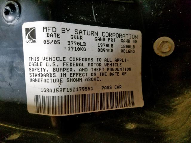1G8AJ52F15Z179551 - 2005 SATURN ION LEVEL BLACK photo 10