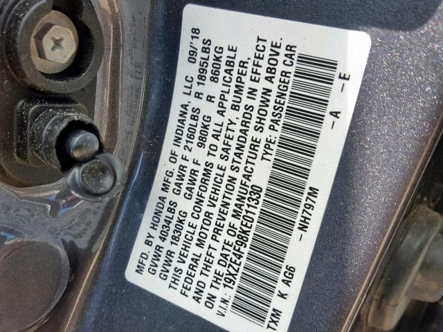 19XZE4F98KE011330 - 2019 HONDA INSIGHT TO GRAY photo 10