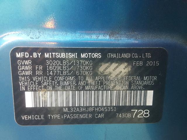 ML32A3HJ8FH045351 - 2015 MITSUBISHI MIRAGE DE BLUE photo 10