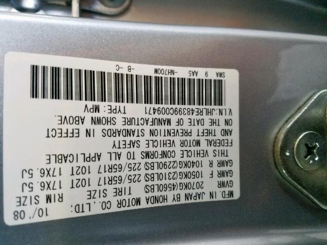 JHLRE48399C009471 - 2009 HONDA CR-V LX SILVER photo 10