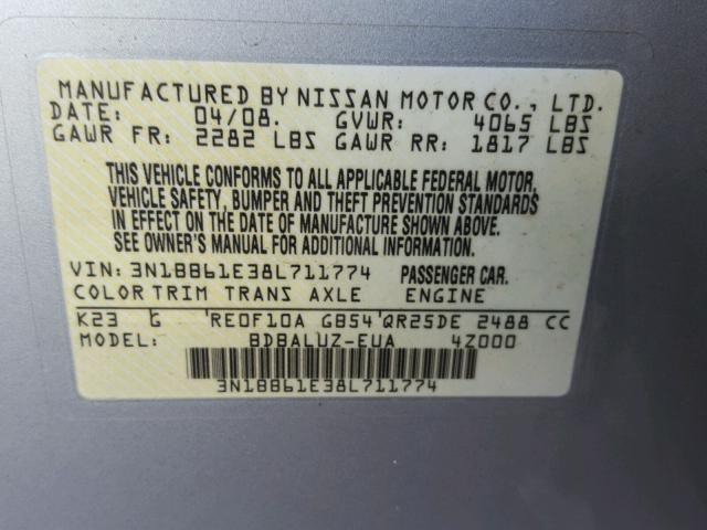 3N1BB61E38L711774 - 2008 NISSAN SENTRA SE- SILVER photo 10