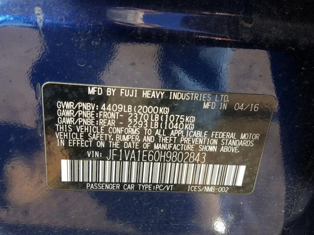 JF1VA1E60H9802843 - 2017 SUBARU WRX PREMIU BLUE photo 10