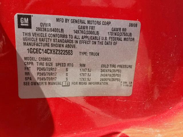 1GCEC14CX8Z322563 - 2008 CHEVROLET SILVERADO RED photo 10