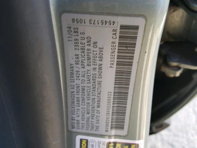 WVWBD63B65E088933 - 2005 VOLKSWAGEN PASSAT GLS SILVER photo 10