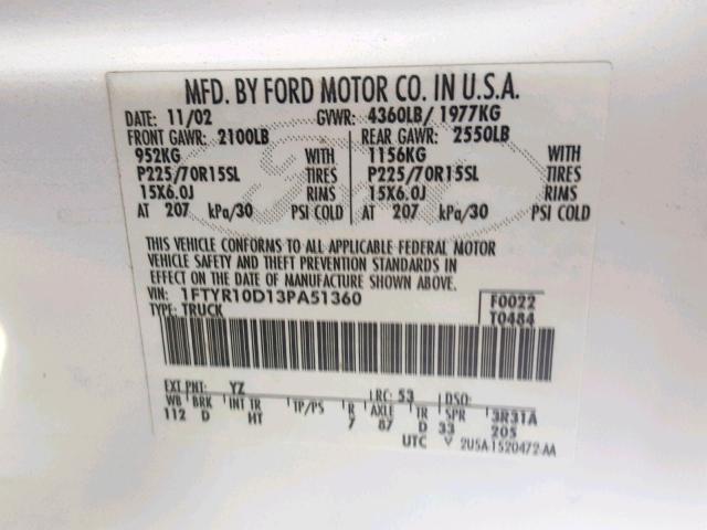 1FTYR10D13PA51360 - 2003 FORD RANGER WHITE photo 10