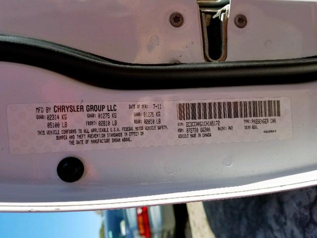 2C3CCAAG1CH105172 - 2012 CHRYSLER 300 WHITE photo 10