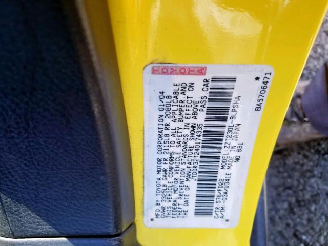 JTDDR32T240174335 - 2004 TOYOTA CELICA GT YELLOW photo 10