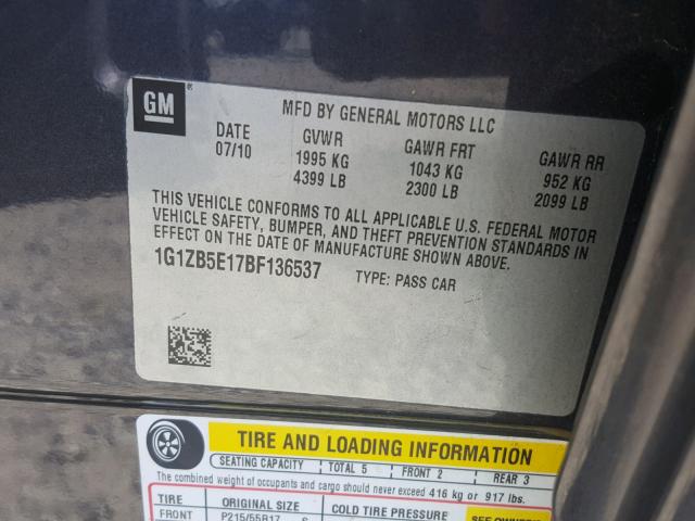 1G1ZB5E17BF136537 - 2011 CHEVROLET MALIBU LS 灰色 照片 10