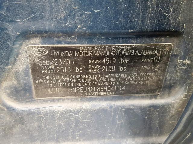 5NPEU46F86H041114 - 2006 HYUNDAI SONATA GLS BLUE photo 10