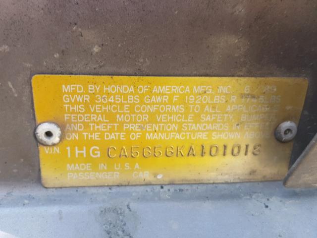 1HGCA5656KA101018 - 1989 HONDA ACCORD SEI GRAY photo 10