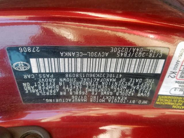 4T1BE32K96U158098 - 2006 TOYOTA CAMRY LE RED photo 10