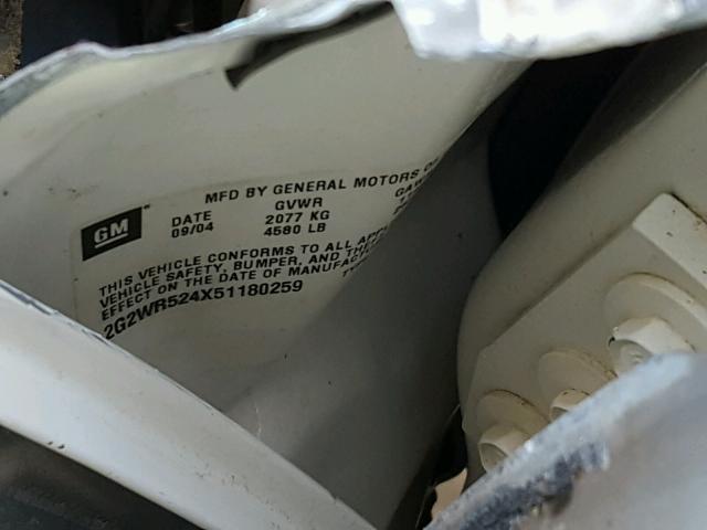 2G2WR524X51180259 - 2005 PONTIAC GRAND PRIX WHITE photo 10