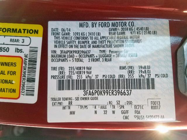 3FA6P0K99ER396637 - 2014 FORD FUSION TIT RED photo 10