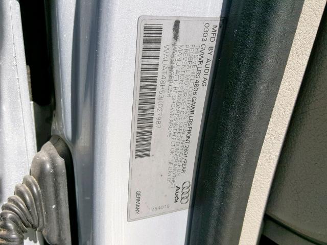 WAUAT48H53K027987 - 2003 AUDI A4 3.0 CAB SILVER photo 10