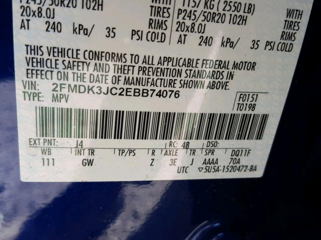 2FMDK3JC2EBB74076 - 2014 FORD EDGE SEL BLUE photo 10