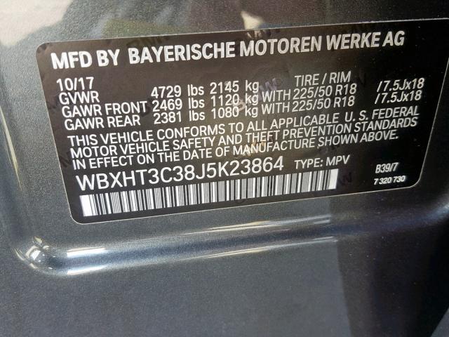 WBXHT3C38J5K23864 - 2018 BMW X1 XDRIVE2 GRAY photo 10