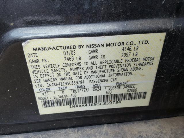 1N4BA41E95C859784 - 2005 NISSAN MAXIMA SE GRAY photo 10