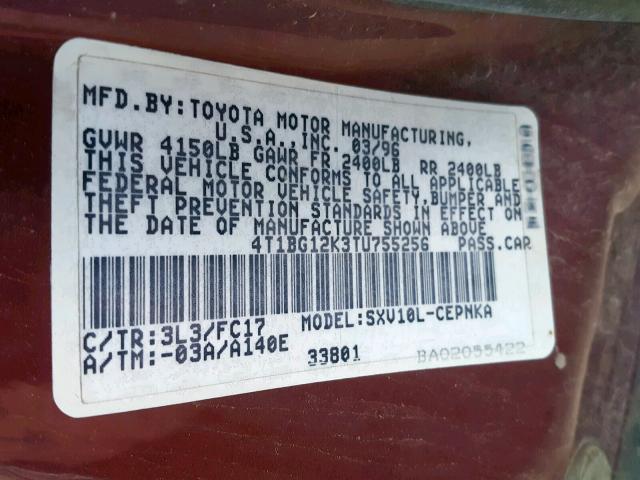 4T1BG12K3TU755256 - 1996 TOYOTA CAMRY DX BURGUNDY photo 10