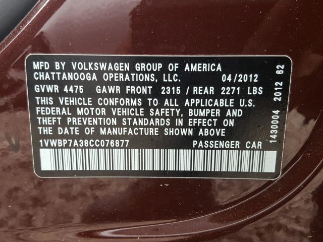 1VWBP7A38CC076877 - 2012 VOLKSWAGEN PASSAT SE MAROON photo 10