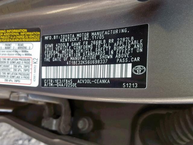 4T1BE32K56U698337 - 2006 TOYOTA CAMRY LE CHARCOAL photo 10