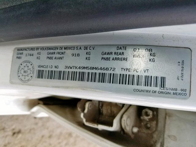 3VWTK49M58M646872 - 2008 VOLKSWAGEN CITY JETTA WHITE photo 10