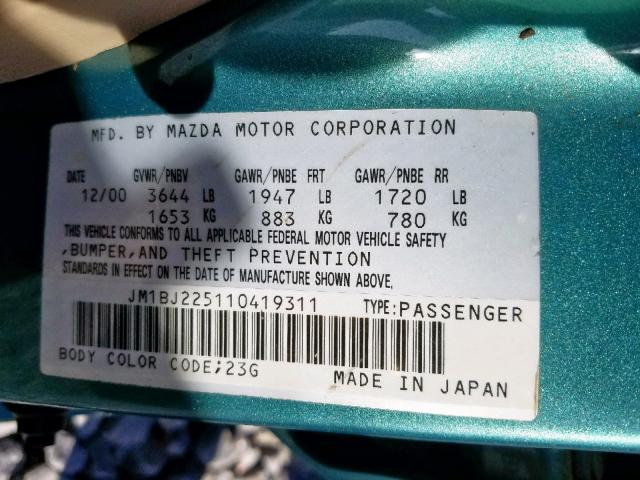 JM1BJ225110419311 - 2001 MAZDA PROTEGE LX GREEN photo 10