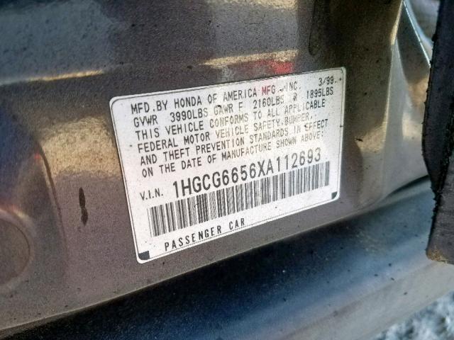 1HGCG6656XA112693 - 1999 HONDA ACCORD LX GRAY photo 10