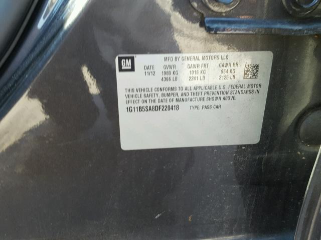 1G11B5SA8DF220418 - 2013 CHEVROLET MALIBU LS ნაცრისფერი ფოტო 10