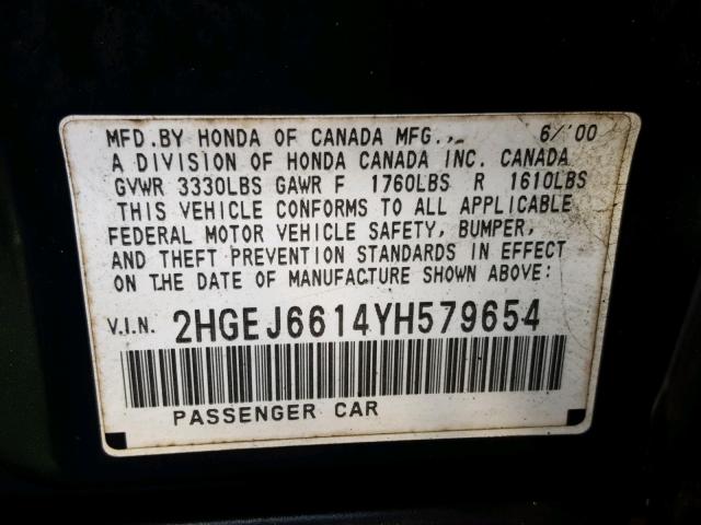 2HGEJ6614YH579654 - 2000 HONDA CIVIC BASE Yaşıl foto 10