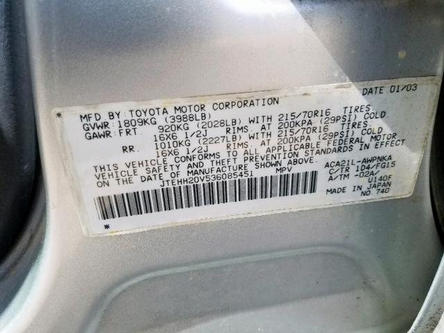 JTEHH20V536085451 - 2003 TOYOTA RAV4 SILVER photo 10