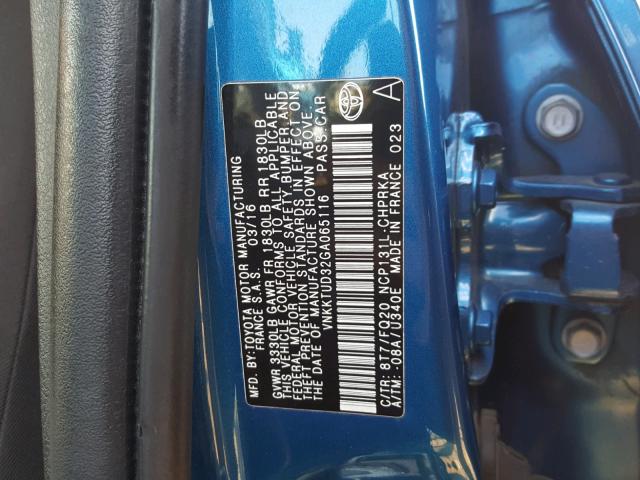 VNKKTUD32GA065116 - 2016 TOYOTA YARIS L BLUE photo 10