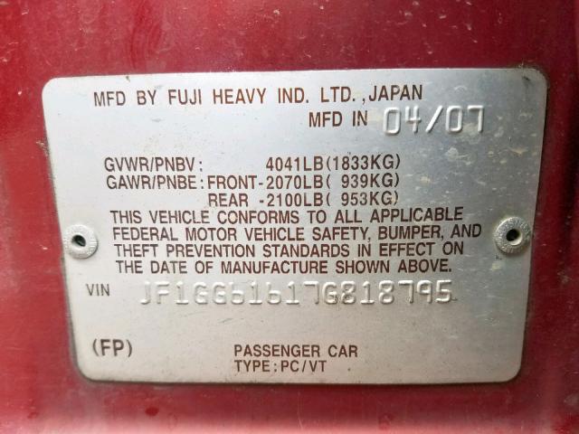 JF1GG61617G818795 - 2007 SUBARU IMPREZA 2. RED photo 10