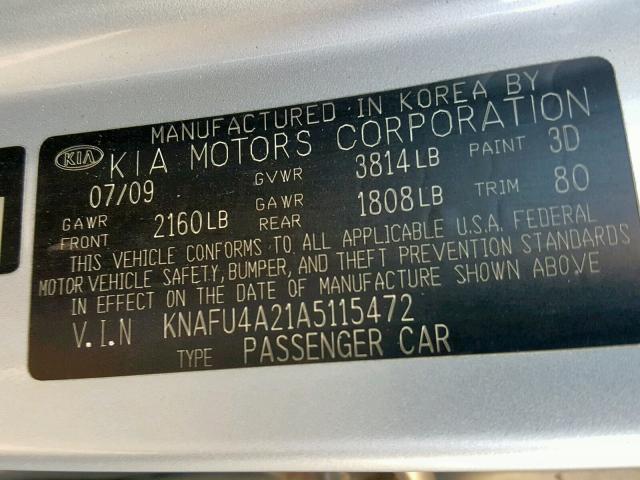 KNAFU4A21A5115472 - 2010 KIA FORTE EX SILVER photo 10