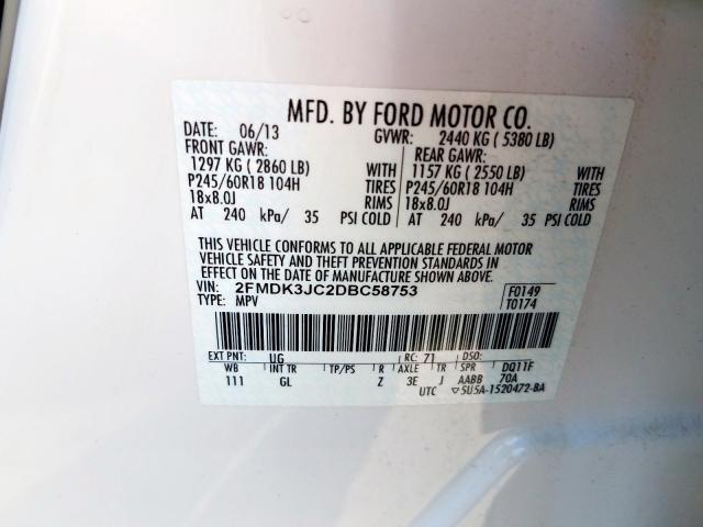 2FMDK3JC2DBC58753 - 2013 FORD EDGE SEL WHITE photo 10