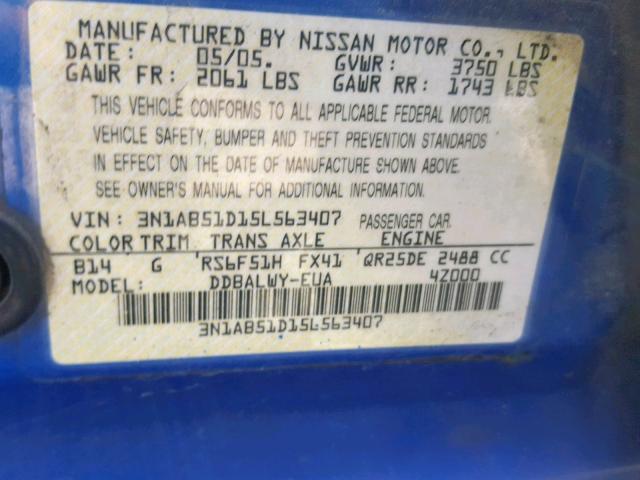 3N1AB51D15L563407 - 2005 NISSAN SENTRA SE- BLUE photo 10