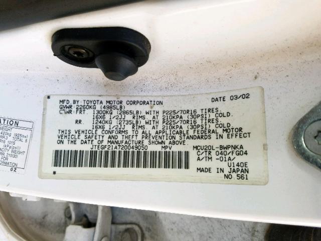 JTEGF21A720049050 - 2002 TOYOTA HIGHLANDER WHITE photo 10