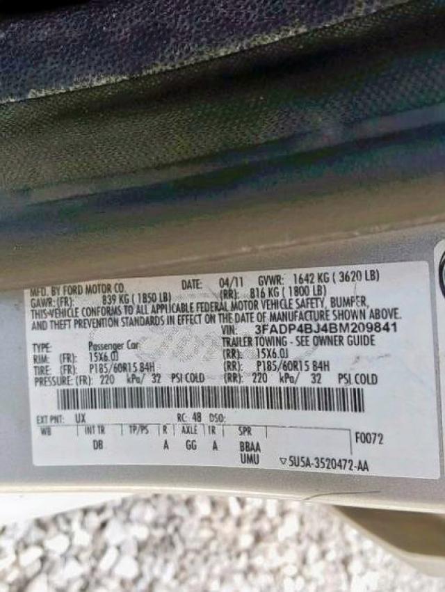 3FADP4BJ4BM209841 - 2011 FORD FESTIVA SILVER photo 10