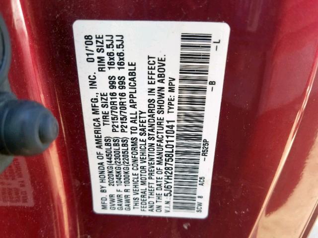 5J6YH28758L011041 - 2008 HONDA ELEMENT EX RED photo 10