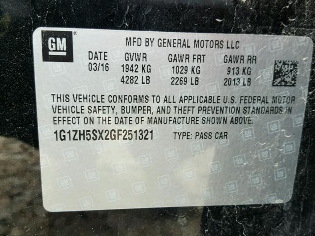 1G1ZH5SX2GF251321 - 2016 CHEVROLET MALIBU PRE 黑色 照片 10