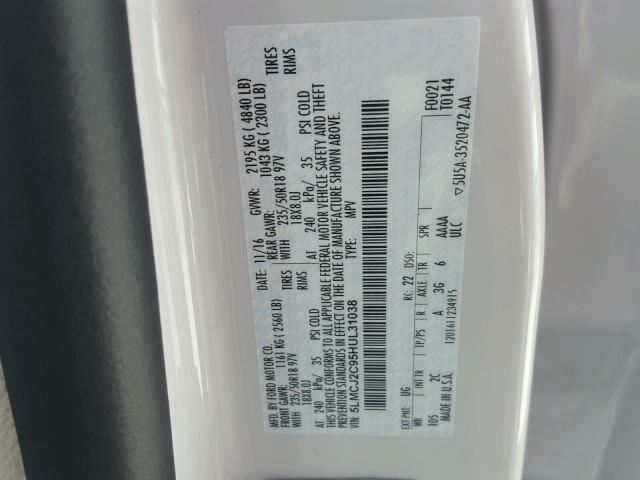 5LMCJ2C95HUL31038 - 2017 LINCOLN MKC SELECT WHITE photo 10