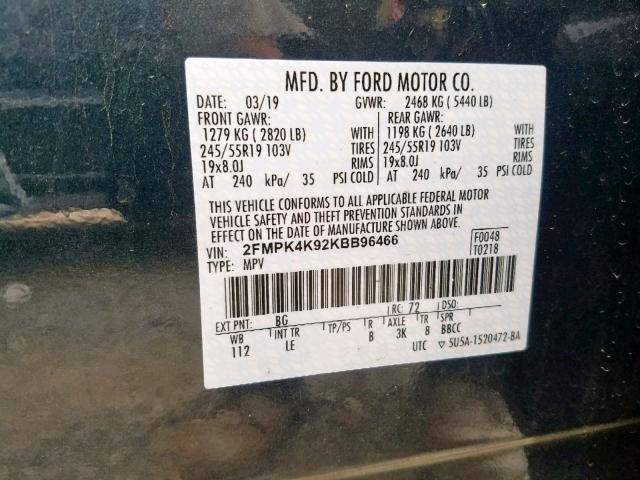 2FMPK4K92KBB96466 - 2019 FORD EDGE TITAN GREEN photo 10