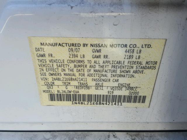 1N4BL21E68N421411 - 2008 NISSAN ALTIMA 3.5 WHITE photo 10