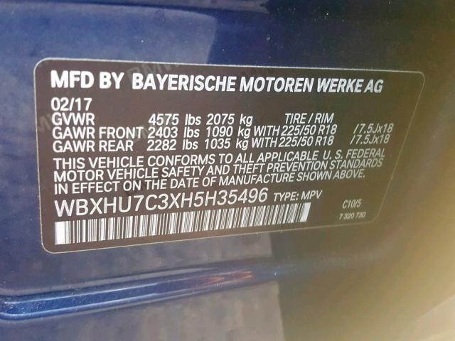 WBXHU7C3XH5H35496 - 2017 BMW X1 SDRIVE2 BLUE photo 10