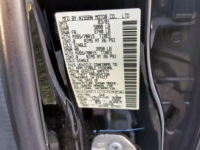 5N1ED28T11C572856 - 2001 NISSAN XTERRA XE BLACK photo 10