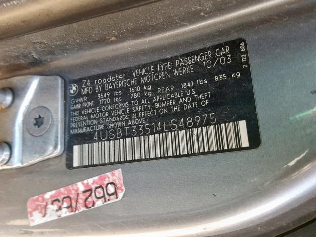 4USBT33514LS48975 - 2004 BMW Z4 2.5 SILVER photo 10
