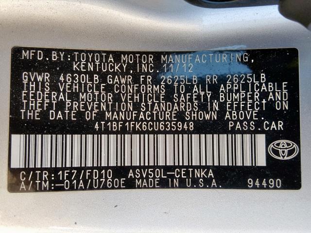 4T1BF1FK6CU635948 - 2012 TOYOTA CAMRY BASE SILVER photo 10